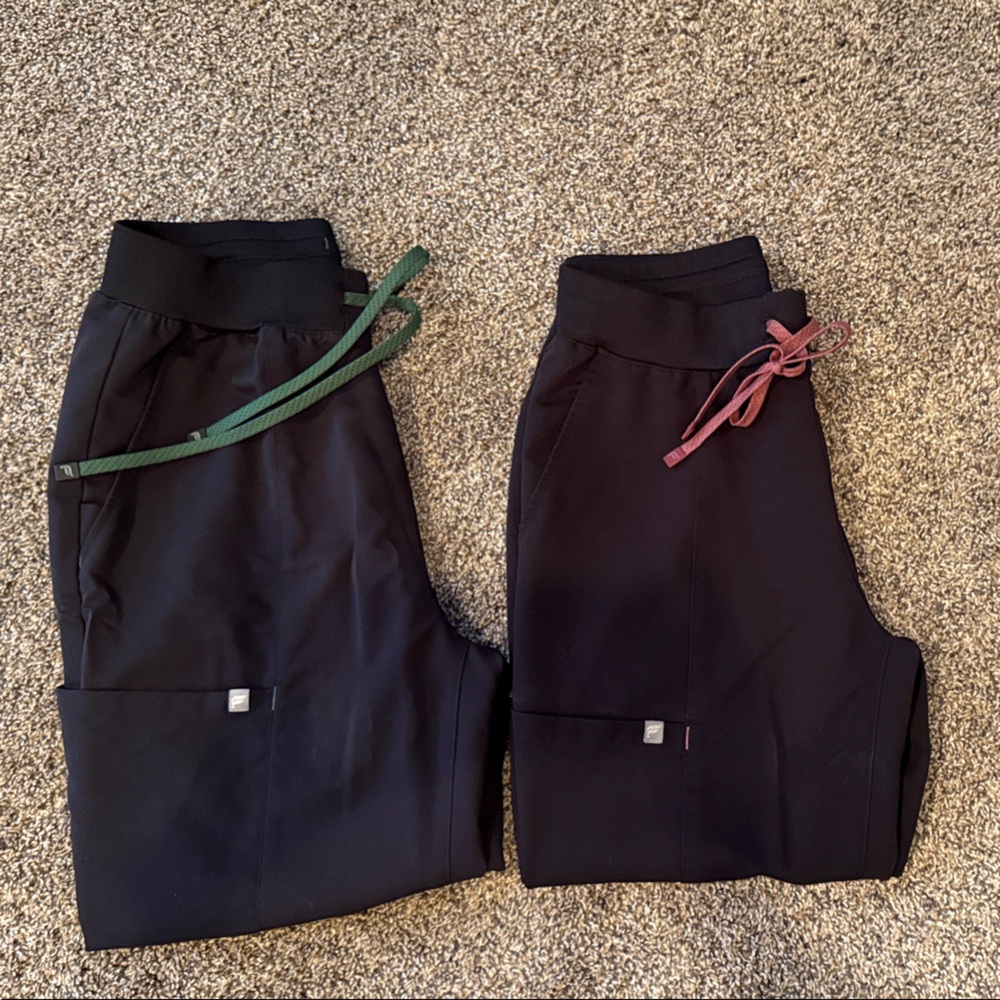 Fabletics Women’s Scrub Bottoms in Black with Green and Pink Accents